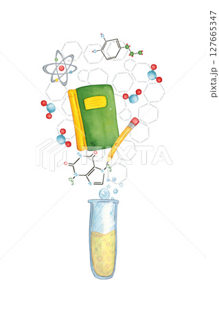 Blank for a postcard - a test tube and a book, chemical formulas fly out of it. Watercolor illustration drawn by hand, cartoon. Drawing for a sticker, poster. science, school, laboratory, biology 127665347
