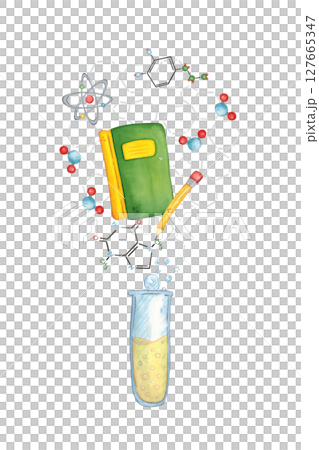Blank for a postcard - a test tube and a book, chemical formulas fly out of it. Watercolor illustration drawn by hand, cartoon. Drawing for a sticker, poster. science, school, laboratory, biology 127665347