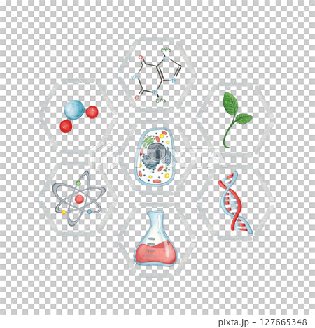 Blank for a postcard, hexagons with biological symbols inside. Watercolor illustration hand-drawn, cartoon. Drawing for a sticker, poster. science, school, laboratory, biology, chemistry, research 127665348