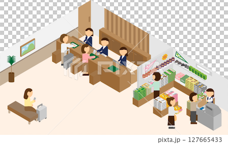 Image of a souvenir corner in an isometric hotel lobby 127665433