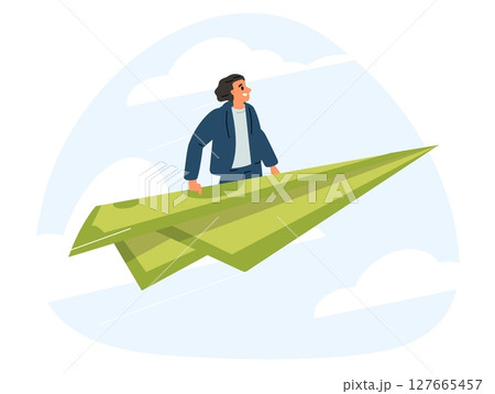 Financial success and growth. Wealthy businessman flying money bill airplane. Dollar banknote plane flight. Successful investment. Billionaire profit. Finance income. Vector concept 127665457