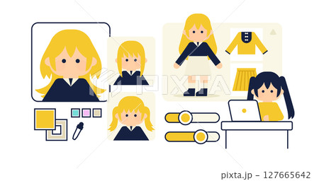 アバター制作と着せ替え操作のフラットイラスト 127665642