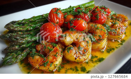 Enjoy garlic shrimp with fresh tomatoes and vibrant green asparagus Enjoy garlic shrimp with fresh tomatoes and vibrant green asparagus 127665684