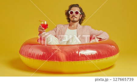 Bright summer vibes with a stylish Italian man enjoying a refreshing drink 127665739