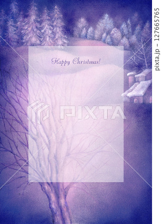水彩絵の具で描いたラベンダー色の雪景色の風景画のクリスマスカード 水彩絵の具で描いたラベンダー色の雪景色の風景画のクリスマスカード 127665765