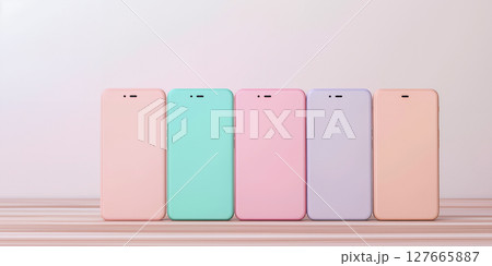 パステルカラーが映える5色のスマートフォン正面ディスプレイ 127665887
