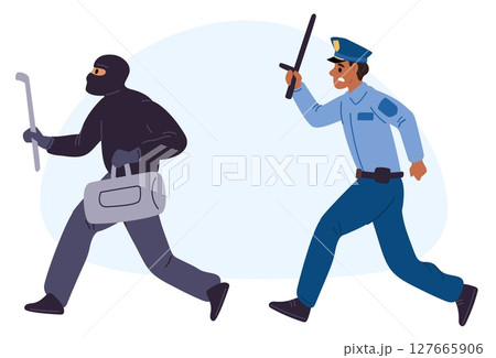 Police officer with baton chases robber. Crime running away from policeman. Criminal escapes from security guard. Gangster with stolen bag. Cop and bandit pursuit race. Vector concept 127665906