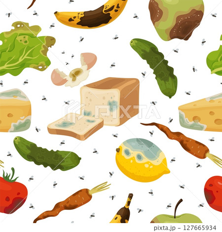 Spoiled and smelly food seamless pattern. Moldy bread. Rotten carrots and lemons. Repeated print. Stinking tomato. Stinky cucumber and banana. Filthy lettuce leaves. Vector background Spoiled and smelly food seamless pattern. Moldy bread. Rotten carrots and lemons. Repeated print. Stinking tomato. Stinky cucumber and banana. Filthy lettuce leaves. Vector background 127665934