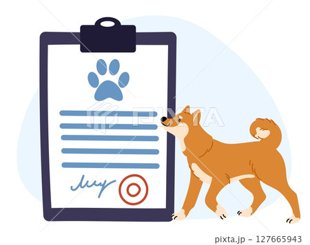 Vet document. Dog passport. Health certificate for transportation. Travel with pet. Paper at clipboard. Veterinary board. Doggy medical prescription. Puppy vaccination. Vector concept 127665943
