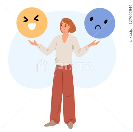 Woman tries keep balance of emotions and control moods from joy to sadness. Bipolar feelings. Happy or upset face expressions. Positive or negative mind. Hormonal change. Vector concept 127665944