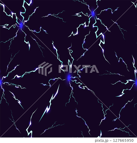 Wuthering blue lightning bolts against dark sky seamless pattern. Electricity impact. Thunderbolt flashes. Repeated print. Electric energy. Thunderstorm sparkle strikes. Vector background 127665950