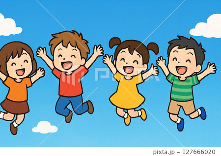 ジャンプする子供たち 青空背景 ジャンプする子供たち 青空背景 127666020