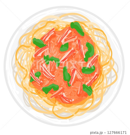 上から見たカニとトマトのクリームパスタ 127666171