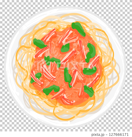 上から見たカニとトマトのクリームパスタ 127666171