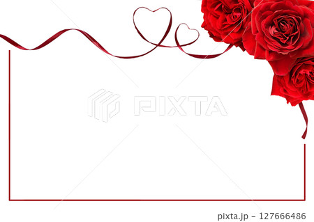 Red rose flowers in a corner arrangement with satin ribbon with hearts and a frame isolated on white for Valentine Day Red rose flowers in a corner arrangement with satin ribbon with hearts and a frame isolated on white for Valentine Day 127666486