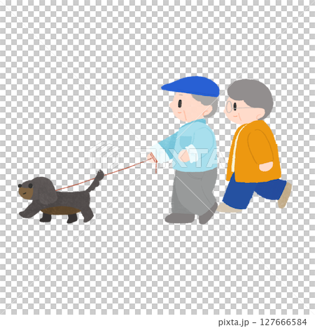 老夫婦が犬の散歩をしているデフォルメカラーイラスト 127666584