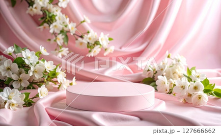 Romantic podium floral spa still life with pink rose petals, candles, and a beautiful blossom arrangement for a wedding celebration 127666662