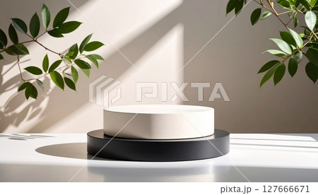 Modern bathroom interior with a white podium, isolated cream cosmetic jar, and white plastic medicine bottle for health care 127666671