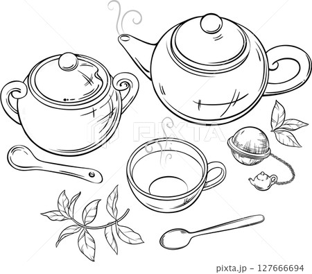 Cup of Tea, Teapot and Sugar Bowl Outline Illustration. Cup of Tea, Teapot and Sugar Bowl Outline Illustration. 127666694