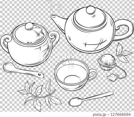 Cup of Tea, Teapot and Sugar Bowl Outline Illustration. 127666694