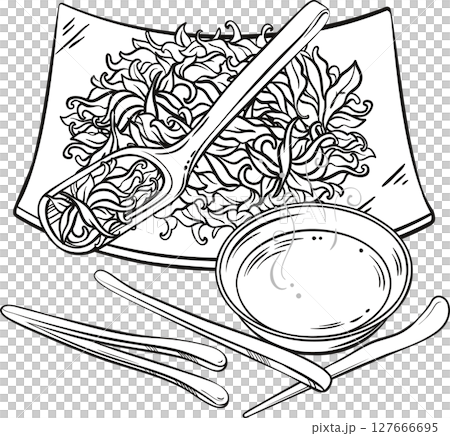 Dry Tea and Tea Bowl Isolated Outline Illustration Dry Tea and Tea Bowl Isolated Outline Illustration 127666695