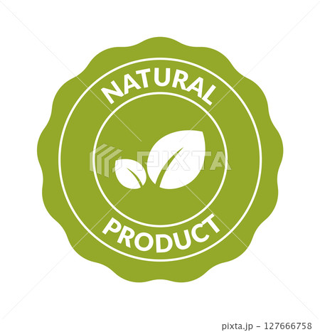 Natural product badge with leaf icon in green. Ideal for organic food packaging, eco-conscious branding, and sustainable product labels. 127666758