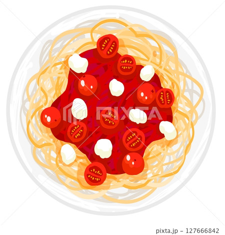 上から見たトマトとモッツァレラのパスタ 上から見たトマトとモッツァレラのパスタ 127666842