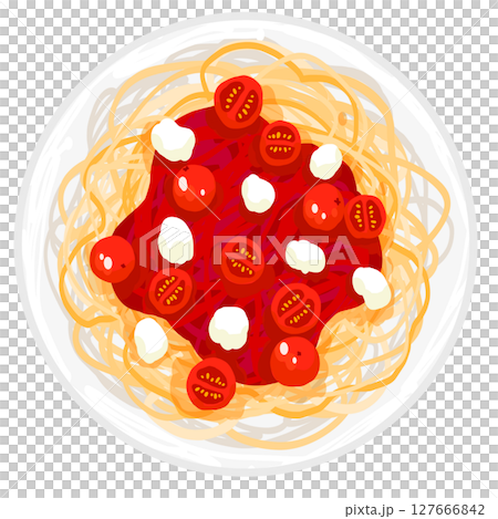 上から見たトマトとモッツァレラのパスタ 上から見たトマトとモッツァレラのパスタ 127666842
