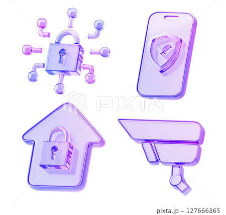 3d glass holographic cyber security icon set render. Gradient crystal padlock logo, mobile phone with shield, house with lock, cctv camera. Privacy data protection, safety technology. 3D illustration 3d glass holographic cyber security icon set render. Gradient crystal padlock logo, mobile phone with shield, house with lock, cctv camera. Privacy data protection, safety technology. 3D illustration 127666865
