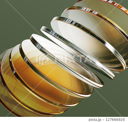 3d green background with gold glass circular discs row. Abstract diagonal line pattern. Golden crystal plates, geometric transparent shape with light yellow gradient and motion effect. 3D illustration 3d green background with gold glass circular discs row. Abstract diagonal line pattern. Golden crystal plates, geometric transparent shape with light yellow gradient and motion effect. 3D illustration 127666920