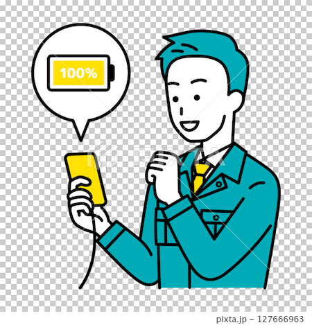 一名男性員工的智慧型手機電池已充滿電 127666963