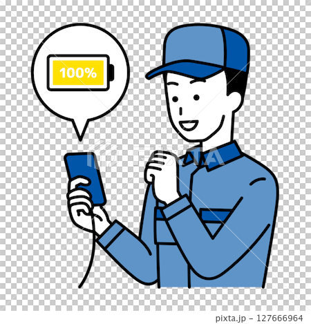 一名身穿工作服的男子，他的智慧型手機電池已充滿電 127666964