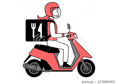 原付バイクでフードデリバリーをする若い女性 原付バイクでフードデリバリーをする若い女性 127666965