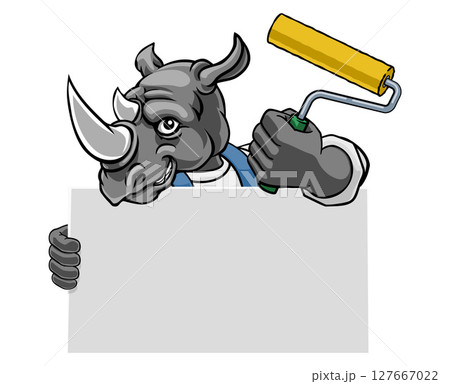 Rhino Painter Decorator Paint Roller Mascot Man 127667022