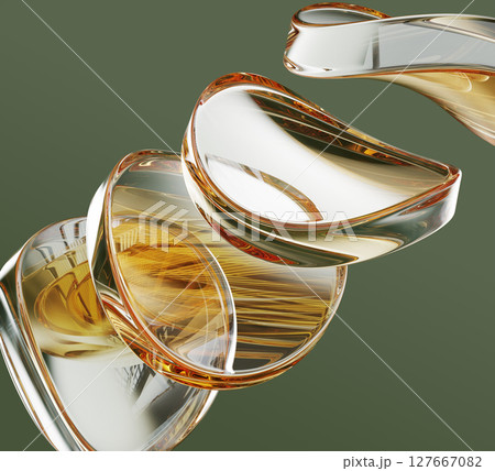Gold glass round discs on abstract green 3d background. Golden clear circle plates of curve wave shape, light crystal prism refraction, lens flare and motion effect. Luxury wallpaper. 3D illustration Gold glass round discs on abstract green 3d background. Golden clear circle plates of curve wave shape, light crystal prism refraction, lens flare and motion effect. Luxury wallpaper. 3D illustration 127667082