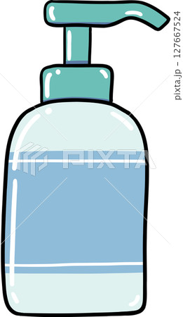 Hand drawn Bathroom elements doodle, Illustration of a pump bottle with a light blue label. Hand drawn Bathroom elements doodle, Illustration of a pump bottle with a light blue label. 127667524