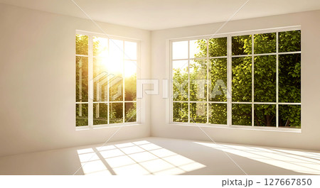 Large windows illuminate a room with sunlight, casting grid-like shadows on the floor. Lush green trees are visible outside, indicating a serene natural setting 127667850
