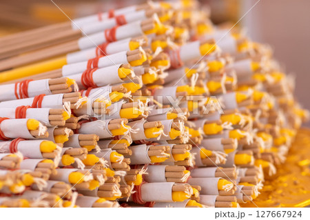 Background of sacrificial and ceremony sets in Thailand temple 127667924