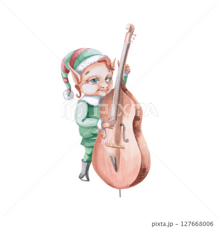 Cute Christmas elf playing double bass. Isolated watercolor illustration of fairy tale character for design of postcards, invitations, poster printing, New Year interior decoration. Cute Christmas elf playing double bass. Isolated watercolor illustration of fairy tale character for design of postcards, invitations, poster printing, New Year interior decoration. 127668006