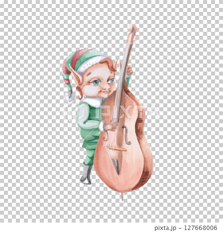 Cute Christmas elf playing double bass. Isolated watercolor illustration of fairy tale character for design of postcards, invitations, poster printing, New Year interior decoration. Cute Christmas elf playing double bass. Isolated watercolor illustration of fairy tale character for design of postcards, invitations, poster printing, New Year interior decoration. 127668006