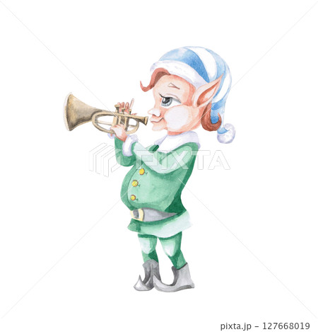 Christmas elf playing the trumpet. Isolated watercolor illustration of a fairy-tale character for the design of postcards, invitations, packaging, printing on posters, New Year's interior design. 127668019