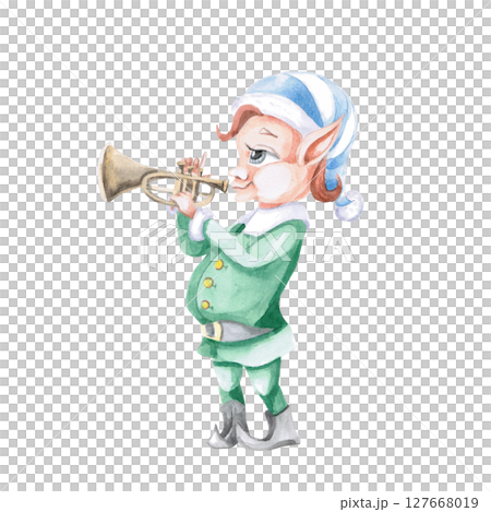 Christmas elf playing the trumpet. Isolated watercolor illustration of a fairy-tale character for the design of postcards, invitations, packaging, printing on posters, New Year's interior design. 127668019