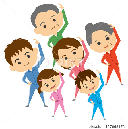 準備運動をしている三世代家族のイメージイラスト 準備運動をしている三世代家族のイメージイラスト 127668173