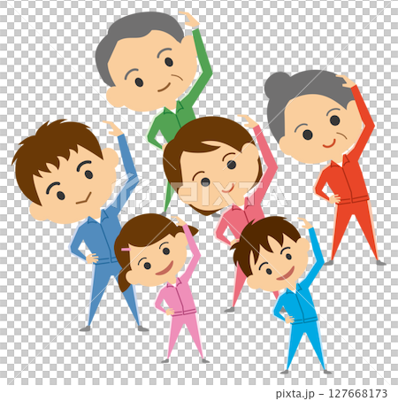 Illustration of a three-generation family doing warm-up exercises 127668173