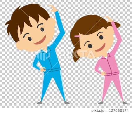 Illustration of elementary school students doing warm-up exercises Illustration of elementary school students doing warm-up exercises 127668174