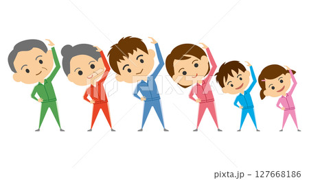 準備運動をしている三世代家族のイメージイラスト 準備運動をしている三世代家族のイメージイラスト 127668186