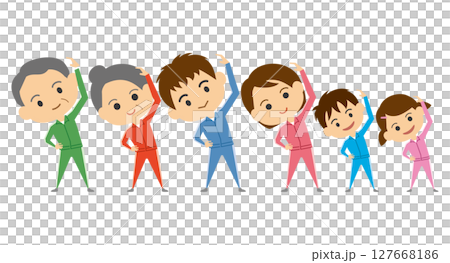 準備運動をしている三世代家族のイメージイラスト 準備運動をしている三世代家族のイメージイラスト 127668186