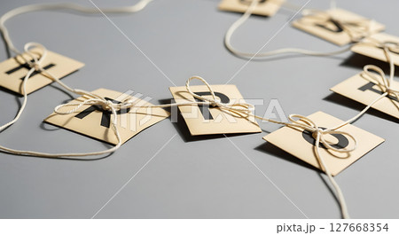 Letters on cardboard squares connected by twine on a surface, featuring the characters "HPY" and "D". Shadows create a playful look with intertwined forms and neutral tones 127668354