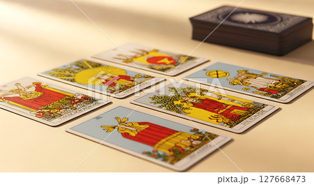 Six tarot cards are laid out in two rows on a surface, with intricate designs and symbols. Light creates soft shadows. A deck is partially visible in the background to the right 127668473