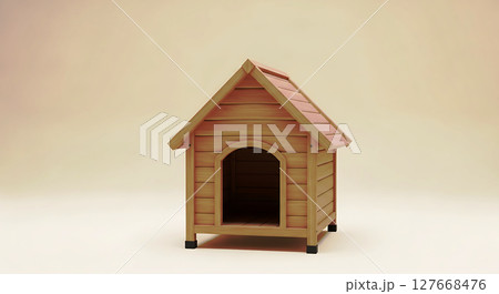 Wooden pet house with a triangular roof and open front entry. Raised off the ground with small legs at each corner. Light brown color with darker shading inside entryway 127668476